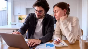 couple looking concerned at a laptop